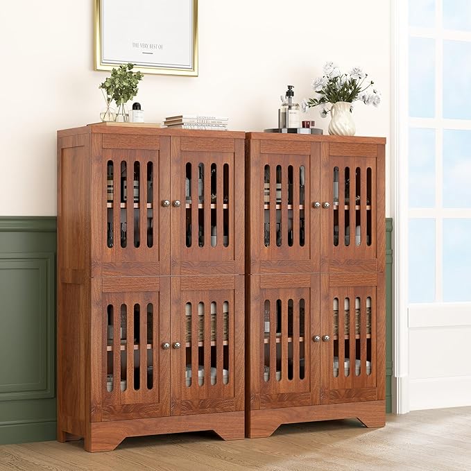 PARTPHONER Bathroom Floor Storage Cabinet with Cabinet Lights, Modern Storage Cabinet with 4 Doors and Adjustable Shelves, Buffer Hinges, Walnut Pantry Cabinet for Living Room & Kitchen