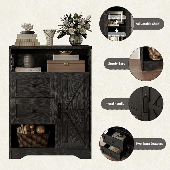 Fameill Farmhouse Storage Cabinet with 2 Drawers & Shelves,Freestanding Kitchen Cabinet with Doors,Floor Storage Organization for Living Room,Bathroom,Laundry,Black