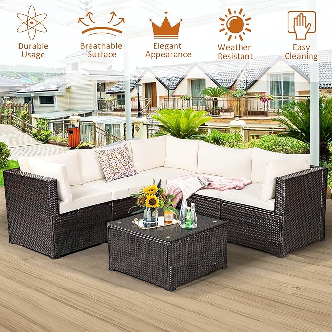 Tangkula 6 Pieces Patio Furniture Set, Outdoor Rattan Sofa Set, Wicker Conversation Set w/Tempered Glass Coffee Table & Cushions, Sectional Sofa Set for Backyard, Garden, Balcony, Poolside (Beige)