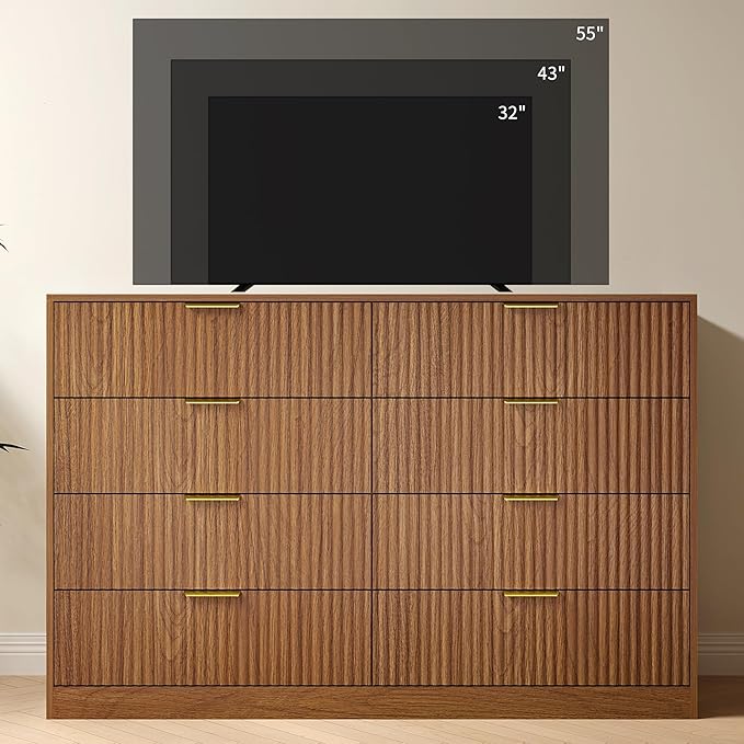 Fluted Dresser for Bedroom with 8 Drawer, 55” Wide Wooden Dresser Mid Century Chest of Drawers w/Gold Handle, Fluted Dressers TV Stand Closet Storage Organizer for Living Room, Natural Oak