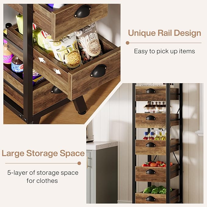 Tribesigns Wood Fruit and Vegetable Storage Rack, 5-Tier Narrow Snack Stand Kitchen Stand Fruit Basket, Pull-Out Utility Organizer for Kitchen, Living Room, Rustic Brown