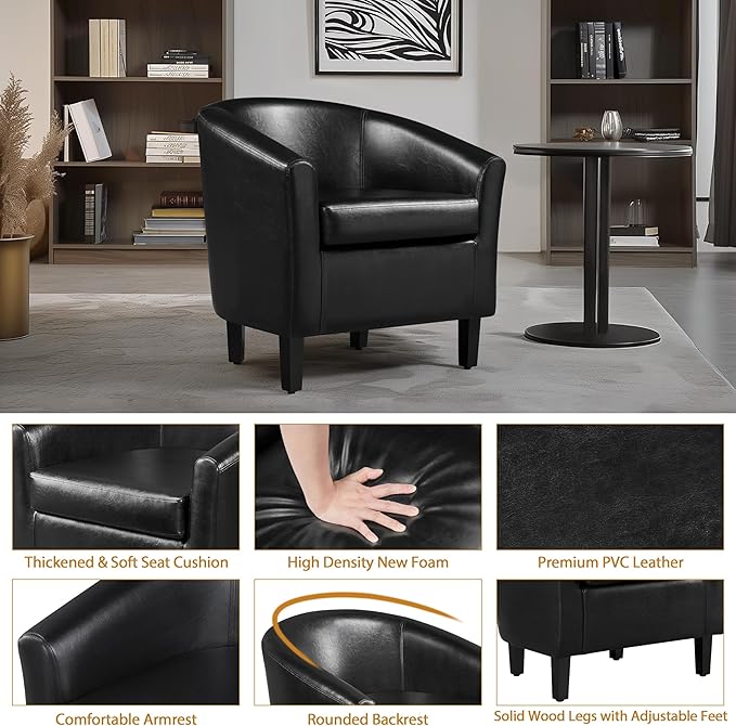 Yaheetech Barrel Chairs Set of 2, Faux Leather Club Armchairs, PU Leather Accent Chairs with Soft Padded Seat for Living Room Bedroom Waiting Reading Room, Black