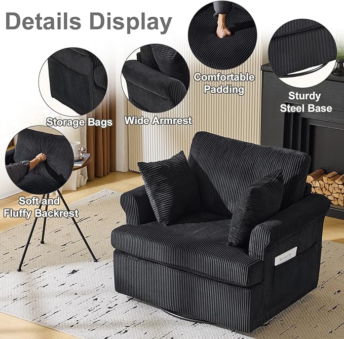 Karl home Swivel Accent Chair Set of 2, 39" Oversized Armchair W/2 Pillows and 4 Pockets,Modern Corduroy Barrel Chairs,Comfy Single Sofa for Living Room,Reading,Bedroom and Office-Black