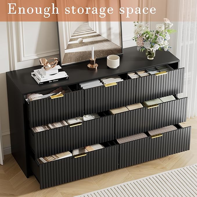 Black Dresser for Bedroom, Modern Dresser with 7 Drawers and Smooth Slides, Wide Chest of Drawers with Golden Handles for Bedroom, Living Room, Closet, 15.7" D x 55.1" W x 31.4" H