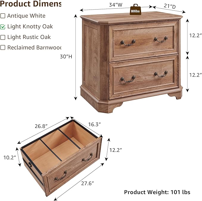 T4TREAM 34" Farmhouse Lateral File Cabinet for Home Office, Large 2-Drawer Wood Filing Cabinet w/Smooth Rails, Fits Letter/Legal Files, Storage Cabinet w/Framed Drawer Front Design, Light Knotty Oak
