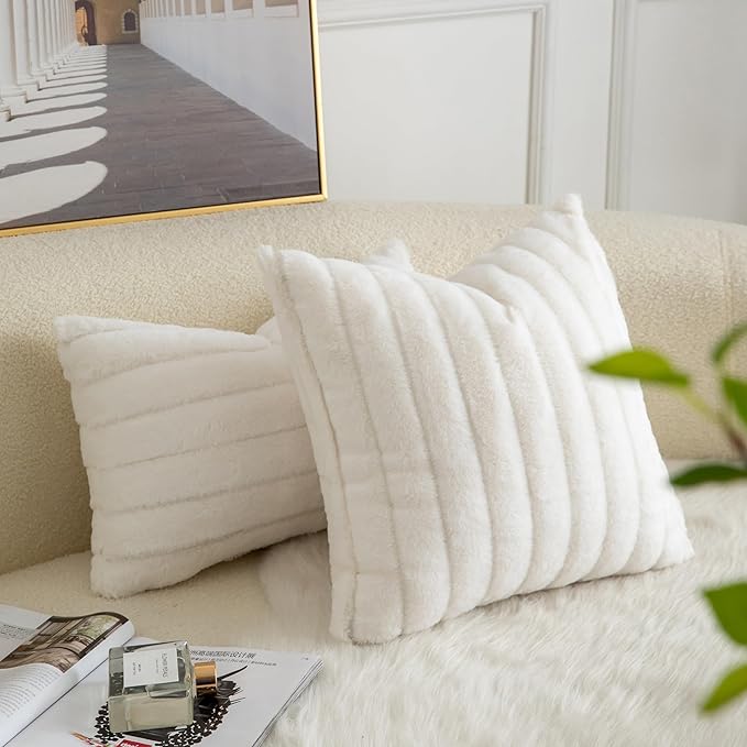 Pack of 2 Faux Fur Throw Pillow Covers 22x22 Inch Striped Decorative Soft Plush Couch Pillow Case Home Decor for Bed, Sofa, Living Room Cream White
