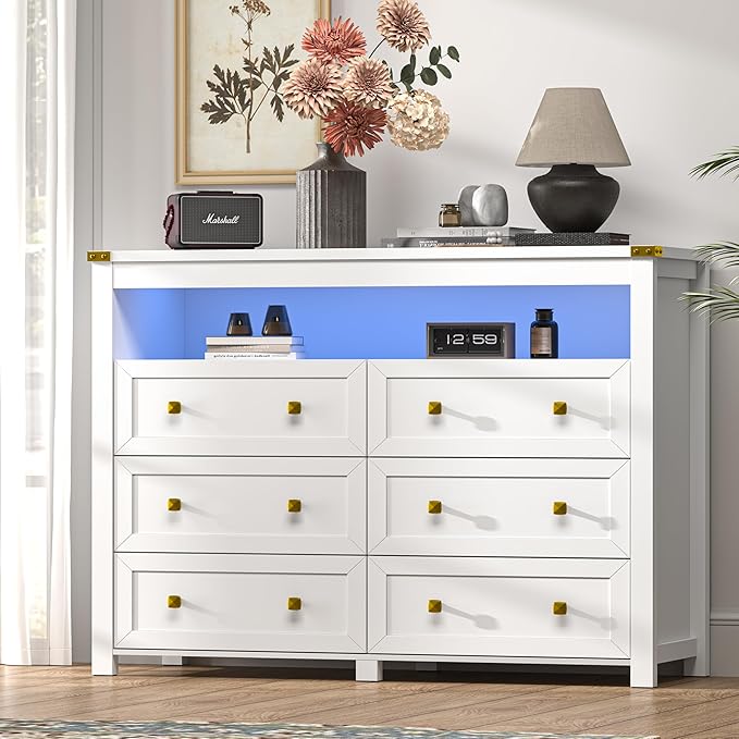 Dresser for Bedroom with 6 Drawers, Wide Chest of Drawers with LED Light and Power Outlet, Wooden Closet Organizer Clothes Storage Cabinet, Modern Double Dressers for Living Room, Hallway, White