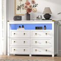 Dresser for Bedroom with 6 Drawers, Wide Chest of Drawers with LED Light and Power Outlet, Wooden Closet Organizer Clothes Storage Cabinet, Modern Double Dressers for Living Room, Hallway, White