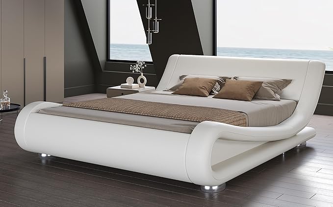 SHA CERLIN King Size Upholstered Bed Frame, Deluxe Low Profile Sleigh Bed with Faux Leather Ergonomics Headboard, No Box Spring Needed & Easy Assembly, White