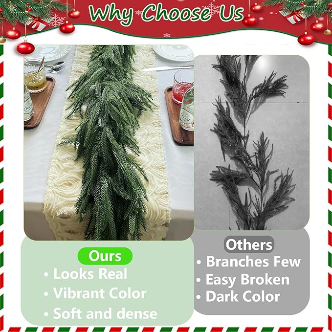 Christmas Garlands Norfolk Pine - Real Touch Pine Garlands - Garlands Christmas Decorations for Home Dining Table Mantel Porch Winter Christmas Decor(9ft)
