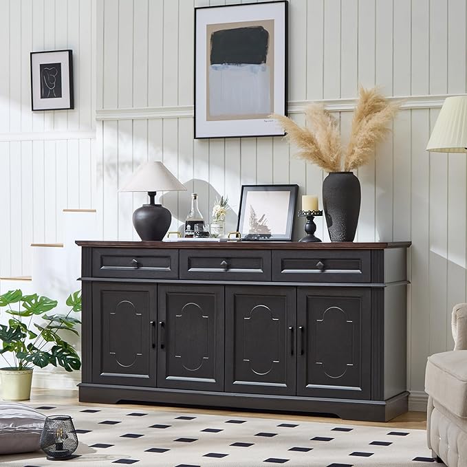 63" Black Buffet Sideboard Cabinet with 4 Doors and 3 Drawers, Modern Farmhouse Kitchen Storage Cabinet, Coffee Bar Cabinet with Adjustable Shelves, Kitchen Living Room Storage, Dining Room