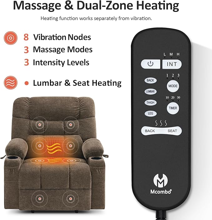 MCombo Dual Motor Power Lift Recliner Chair with Massage and Dual Heating for Elderly, Lay-Flat for Sleeping, Extra Wide for Big and Tall, Fabric R7070 (Coffee)