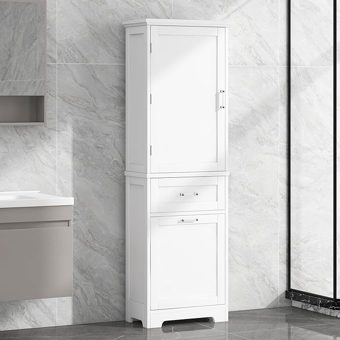 Tall Bathroom Storage Cabinet, Freestanding Storage Cabinet with 1 Door, 2 Different Size Drawers for Bathroom Living Room (White)