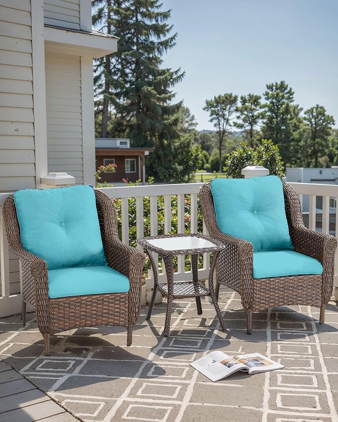 3 Piece Patio Brown Wicker Chairs with Side Table - Outdoor High Back Heavy Duty All-Weather Lawn Dining Rattan Chair Conversation Bistro Set for Deck Porch Balcony Backyard Garden - Turqoise