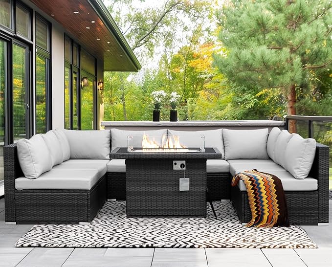 NICESOUL 29.3'' High Back Outdoor Patio Furniture Set with Firepit Natural Gas & Propane, 9 Piece Extra Large Conversation Set with Fire Pit Table, Modern Deep Wide Modular Wicker Sofa Couches, Gray