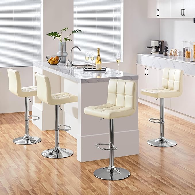 Yaheetech Bar Stools Set of 4, PU Leather Swivel Barstools, Height Adjustable Counter Chairs, Modern Stools with Back for Bar Kitchen Island Dining Room, 4pcs, Beige