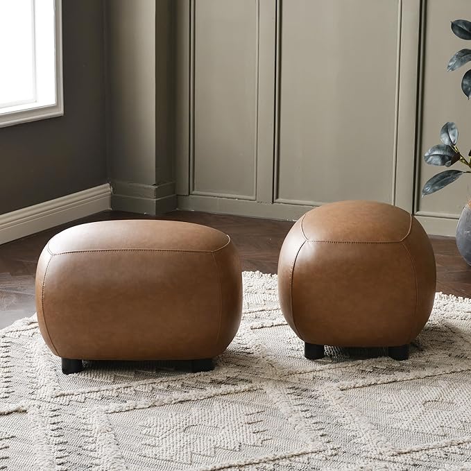 KINWELL 23" Wide Faux Leather Upholstered Ottoman Set of 2, Mid-Century Modern Living Room Footrest with Soft Padded Seat, Footstool for Bedroom, Entryway or Living Room, Camel