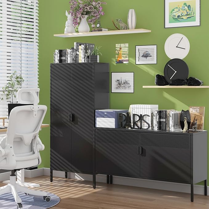 61 Inches Metal Storage Cabinet with Doors and Shelves, 4 Tier Kitchen Pantry Cabinet, Metal Cabinet for Home Office, Dinning Room, Laundry Room, Living Room, Bathroom and Utility Room (Black)