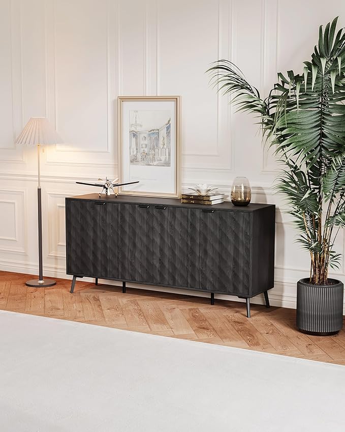 Mid-Century Modern Sideboard Cabinet, 63” Buffet with Storage, Diamond-Textured Credenza with 4 Doors, Multifunctional Accent Cabinet for Kitchen, Dining Room, Living Room (Matte Black)