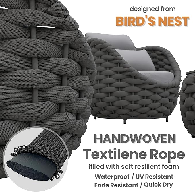 Aluminum Woven Rope Patio Furniture Set: 6 Pieces Assembled Outdoor Conversation Sofa Set for 7 - Modern Metal Couch Set Cushioned - All Weather Porch Seating for Deck Garden Lanai Hotel Resort