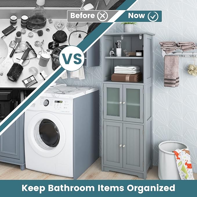 LOKO Tall Bathroom Cabinet, Modern Storage Organizer with Doors & Open Shelves, Wooden Floor Cabinet with Adjustable Shelves for Bathroom, Living Room or Kitchen (Grey)