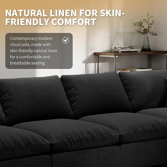 Modern Sectional Linen Couch for Living Room V-Shape Sofas,7 Seat Modular Cloud Sofas,Couches Cushion Covers Removable,Cozy Feather Down Sofa for Apartment Black