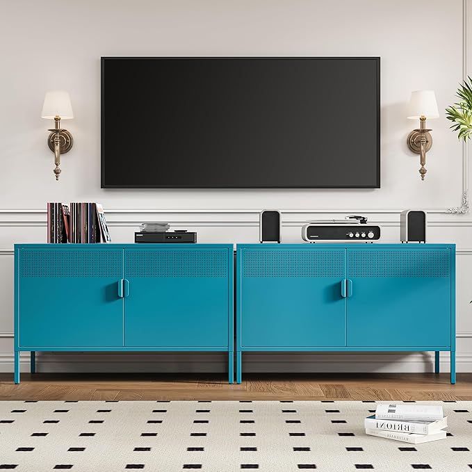 Blue Metal Storage Cabinet with Doors and Shelf, 2 Door Locker Storage Cabinet for Home and Office, 2 Tier Low Metal Tv Stand Cabinet