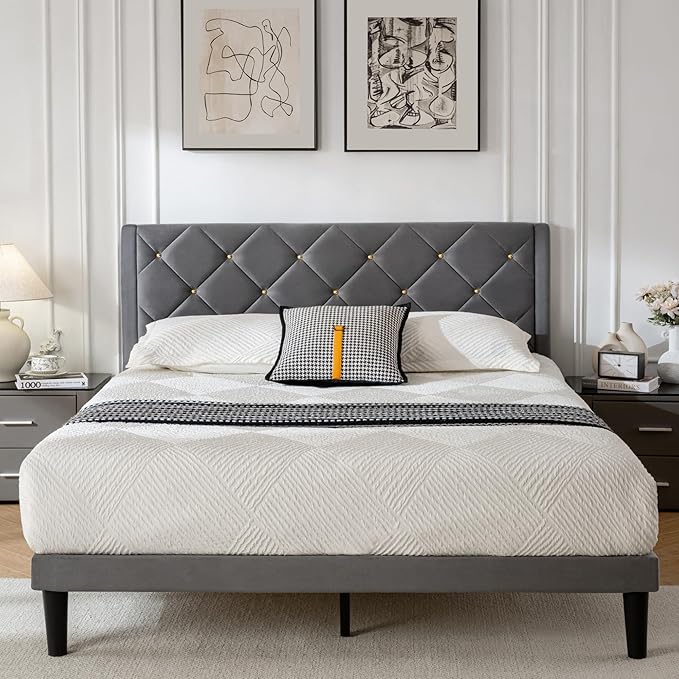 Full Size Platform Bed Frame with Velvet Upholstered Headboard and Sturdy Wooden Slats Support,Mattress Foundation，Easy Assembly, No Box Spring Needed,Slip Resistant (Grey, Full)