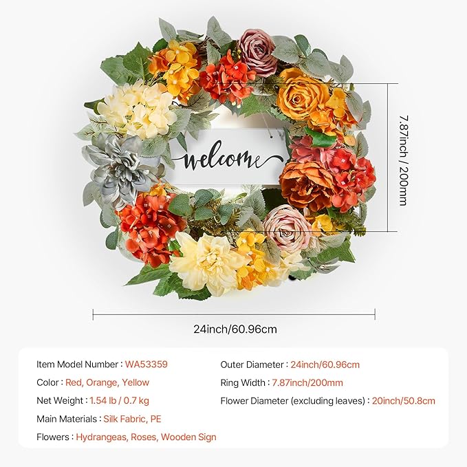 VEVOR Spring Wreath for Front Door 24 Inch - Artificial Hydrangea Year-Round Wreath with Welcome Sign, All Season Outdoor Indoor Decor for Home Wall Window