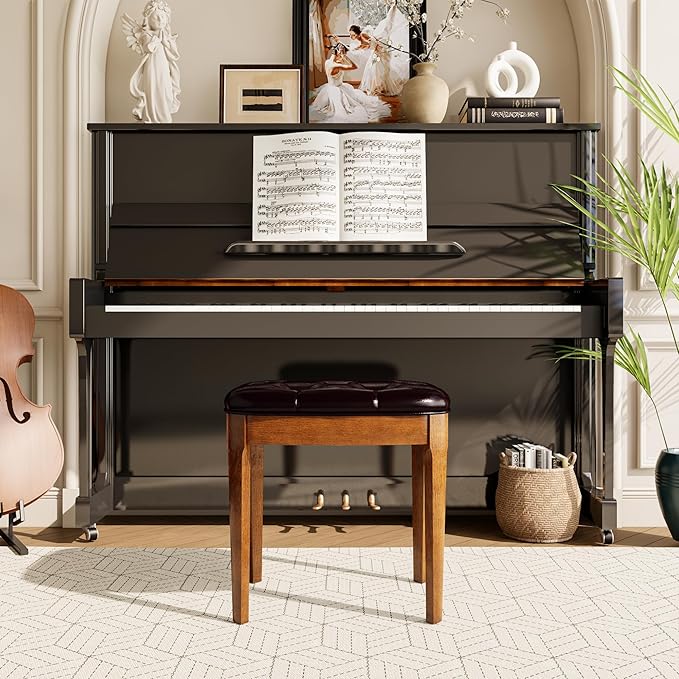 MODERION Vanity Stool Bench with Upholstered, Modern Luxury Wood Stool ,Ottoman Shoe Bench for Living Room, Vanity, Entryway, 19.3"L x 14.9"W x 19.3"H Easy Assembly, Beeswax Leg & Dark Brown FD-HNY-DB