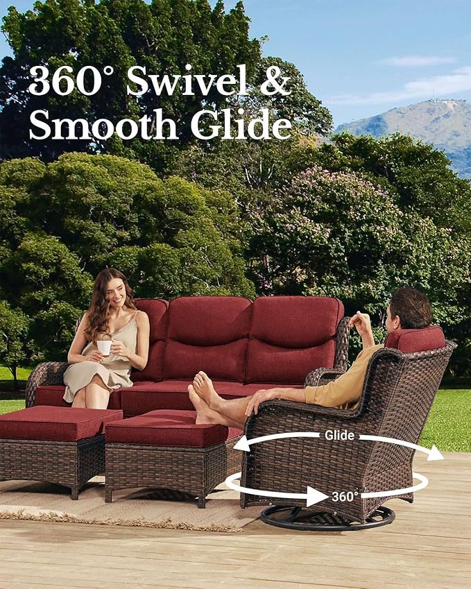 HILLGA Luxury Patio Furniture Set with 6-Inch Thick Cushions, High Back Outdoor Swivel Rocker Chairs Patio Couches, 6-Piece All Weather Conversation Set for Porch Deck Pool Yard, Burgundy (V3)