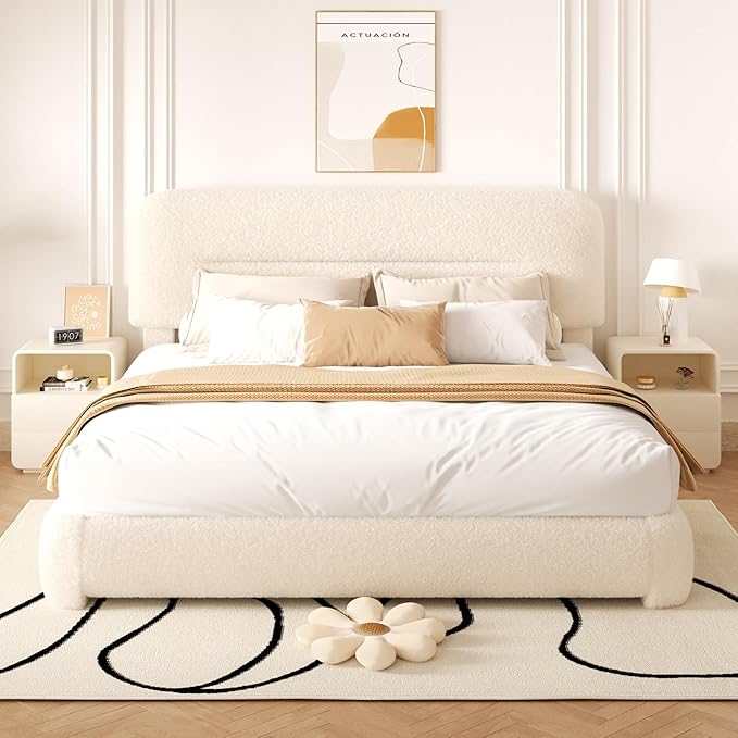 King Size Cloud Bed Frame, Upholstered Boucle Platform Bed with Adjustable Headboard, Anti-Collision Soft Rounded Corners, Noise Free, Easy Assembly, Cream