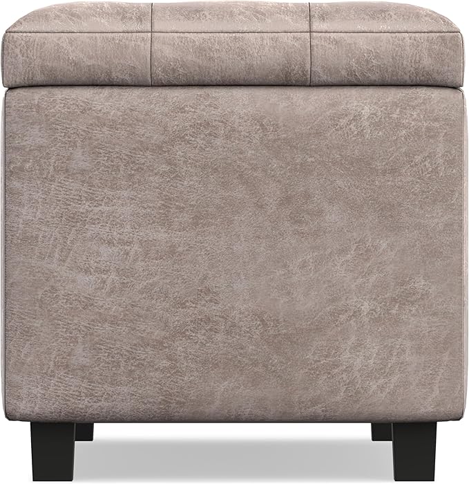 SIMPLIHOME Cosmopolitan Storage Ottoman - 34 inch Wide Upholstered Vegan Leather Rectangle Storage Ottoman Bench in Distressed Grey Taupe, Transitional Tufted Ottoman for Living Room with Lift-Up Lid