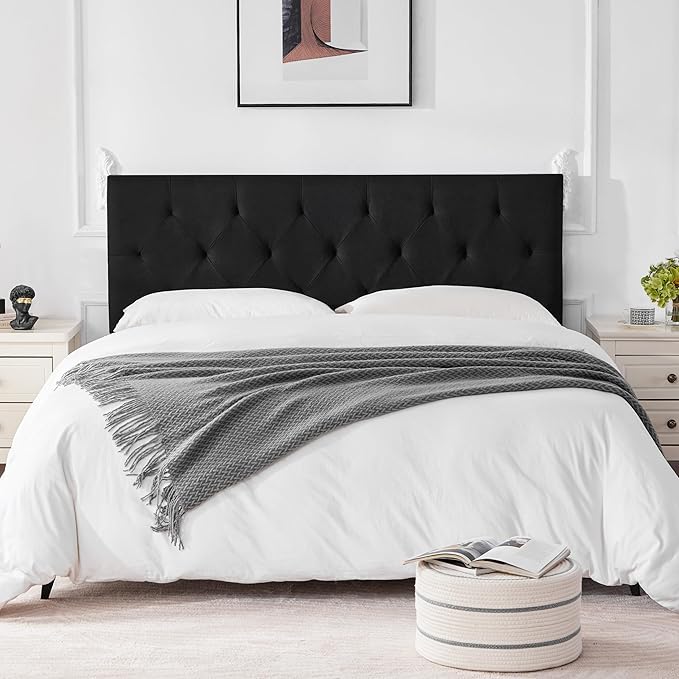 Linen Upholstered Headboard King Size, Modern Diamond Tufting Solid Wood California King Headboard Only, Adjustable Height from 37” to 51” Head Board, Bed Frame or Wall Mount Headboards, Black