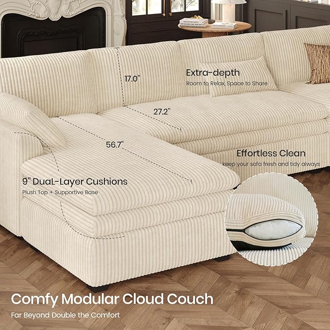 Belffin Large Modular Sectional Sofa with Double Deep Chaise, 135" Corduroy U Shaped Sectional Couch with 9" Soft Dual-Layer 6 Seats U Shaped Couch for Living Room, Apartment, Beige