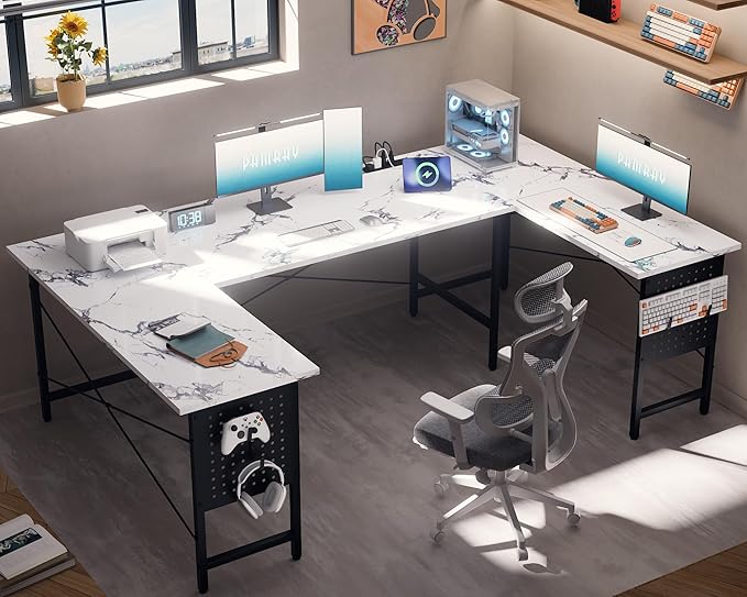 Pamray 71 Inch Large Computer Desk with Power Outlets,U Shaped Corner Desk for Home Office Work and Gaming Marble