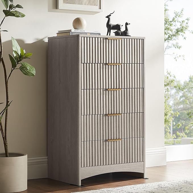 Amada Tall 5 Drawer Dresser, Modern Fluted Vertical Chest with Rounded Corners, Pre-Installed Drawer Slides & Narrow Storage Design for Bedroom or Hallway in Grey