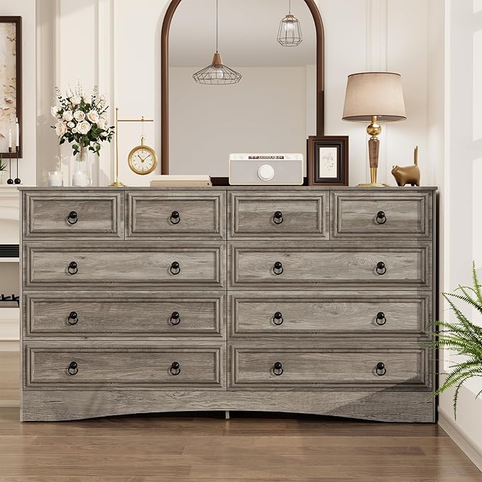 10 Drawers Dresser for Bedroom, 55.2 Inch Wide Large Dressers & Chests of Drawers, TV Stand for 65 inch, Storage Organizer Furniture, Hallway, Entryway, Closet, Brownish Grey