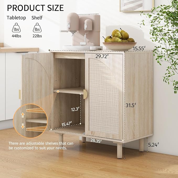 Beige Rattan Cabinet-2-Doors,Sideboard Buffet Cabinet with Storage-Accent Storage Cabinet with Cane Door, Boho Wood Credenza for Living Room, Kitchen,Dining Room or Office