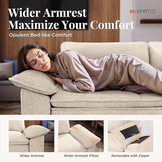 123" Cloud Modular Sectional Sofa, 3-Seater w/Deep Seat & Removable Arms, Plush Chenille for Living Room - Beige