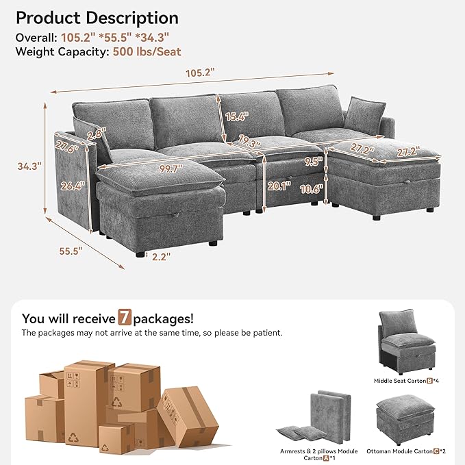 105" Cloud Modular 4 Seater Sofa with 2 Storage Ottoman, Modern Upholstered Sofa Storage Sofa Couch Deep Seat, U Shape Sectional Sofa Chenille Comfy Couch with Armrests for Living Room, Light Grey