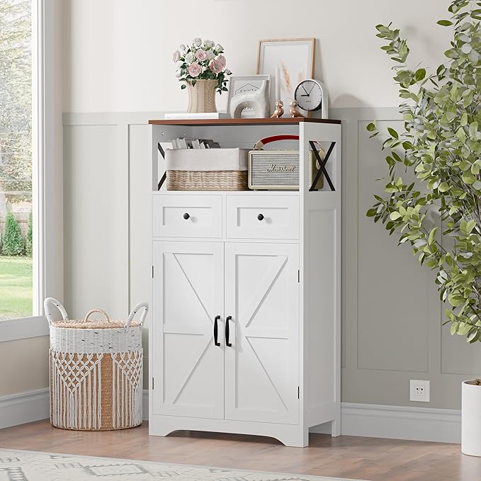 SUPER DEAL Farmhouse Storage Cabinet, Bathroom Floor Cabinet Kitchen Pantry with Doors and Drawers, Hutch Cupboard for Laundry, Living Room, Bedroom, White