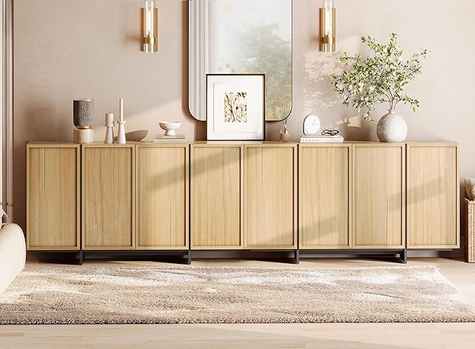 WAMPAT Modern Sideboard Buffet with 8 Doors, Multifunctional Sideboard with Large Storage and T-Shaped Legs, Coffee Bar Cabinet Storage for Kitchen, Living Room, Oak