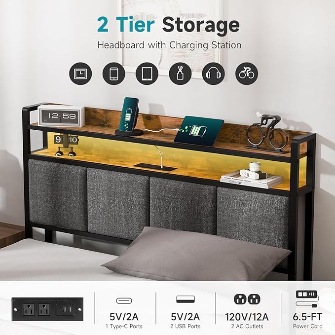 Z-hom Full Bed Frames, Full Bed Frame with 2-Tier Storage Upholstered Headboard, Metal Platform with USB Charging Station & LED Lights, Noise Free, No Box Spring Needed, Easy Assembly, Vintage Brown