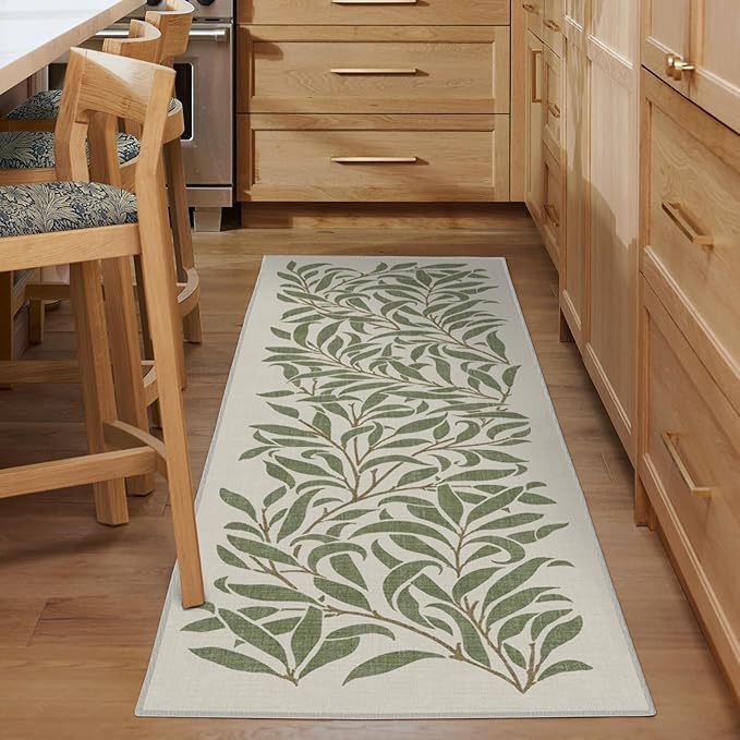RUGGABLE x Morris & Co Machine Washable Runner Rug – Pure Willow Boughs Green 2.5x7, Stain-Resistant, Non-Slip – Washable Rug for Hallway, Entryway, Living Room & Kitchen–with Cushioned Pad