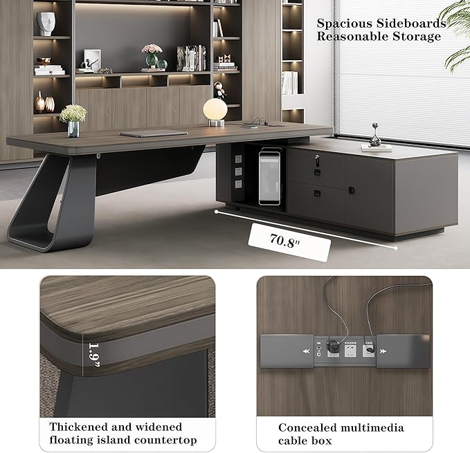 L Shaped Executive Desk, 86.6 inch Large Executive Computer Desk Set Drawers and Lockable, Power Socket and USB Port Storage, Without Display Racks and Bookshelves