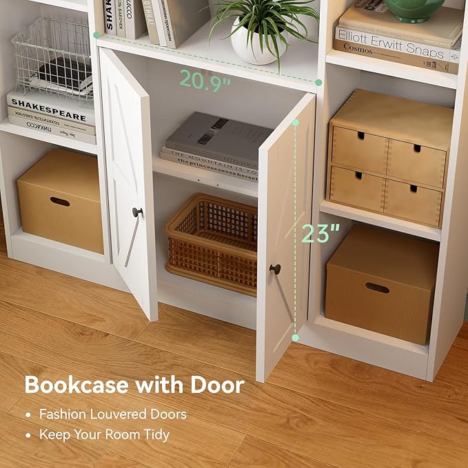 MXV 74" Tall Bookshelf, White Bookcase with Doors and Storage Space, Large Display Shelf for Home & Office, Living Room, Bedroom, Kitchen