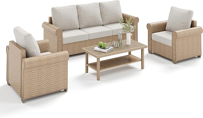 Patio Furniture Set 4 pcs, Wicker Outdoor Patio Furniture, 3-Seat Sofa, 2 Single Chairs and Coffee Table, Rattan Patio Conversation Set for Backyard Deck, Beige