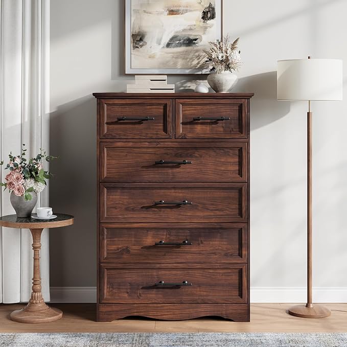 Walnut Farmhouse Dresser for Bedroom, Modern 6 Chest of Drawers, 44" Tall Chest of Drawers with Brushed Metal Handle, Wood Closet Organizers and Storage Cabinet for Bedroom, Living Room, Hallway