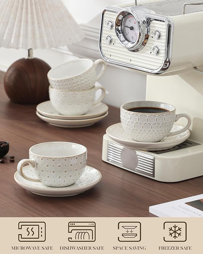 MALACASA 8 OZ Cappuccino Cups with Saucers Set of 4 - Ceramic Stackable Tea Cups and Saucers, Embossment Coffee Mugs for Tea, Latte and Mocha, Dishwasher Safe, Arctic white
